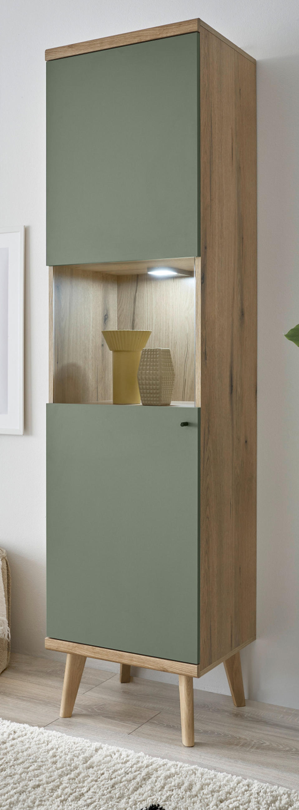 VITRINE Salbei, Eiche Evoke, skandinavisch 50 x 197 cm, Vitrinenschrank mit Stauraum - Salbeigrün/Eichefarben, Glas/Holz (50/197/40cm) - Furn.Design