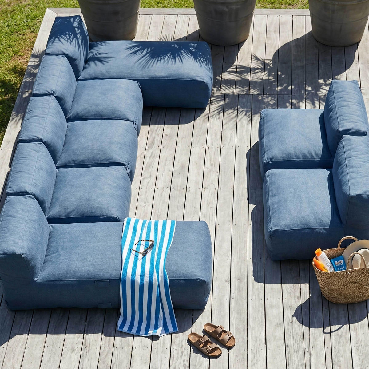 GARTENSOFA mit 7 Sitzplätzen, Pazifikblau - Blau, Textil - Oviala