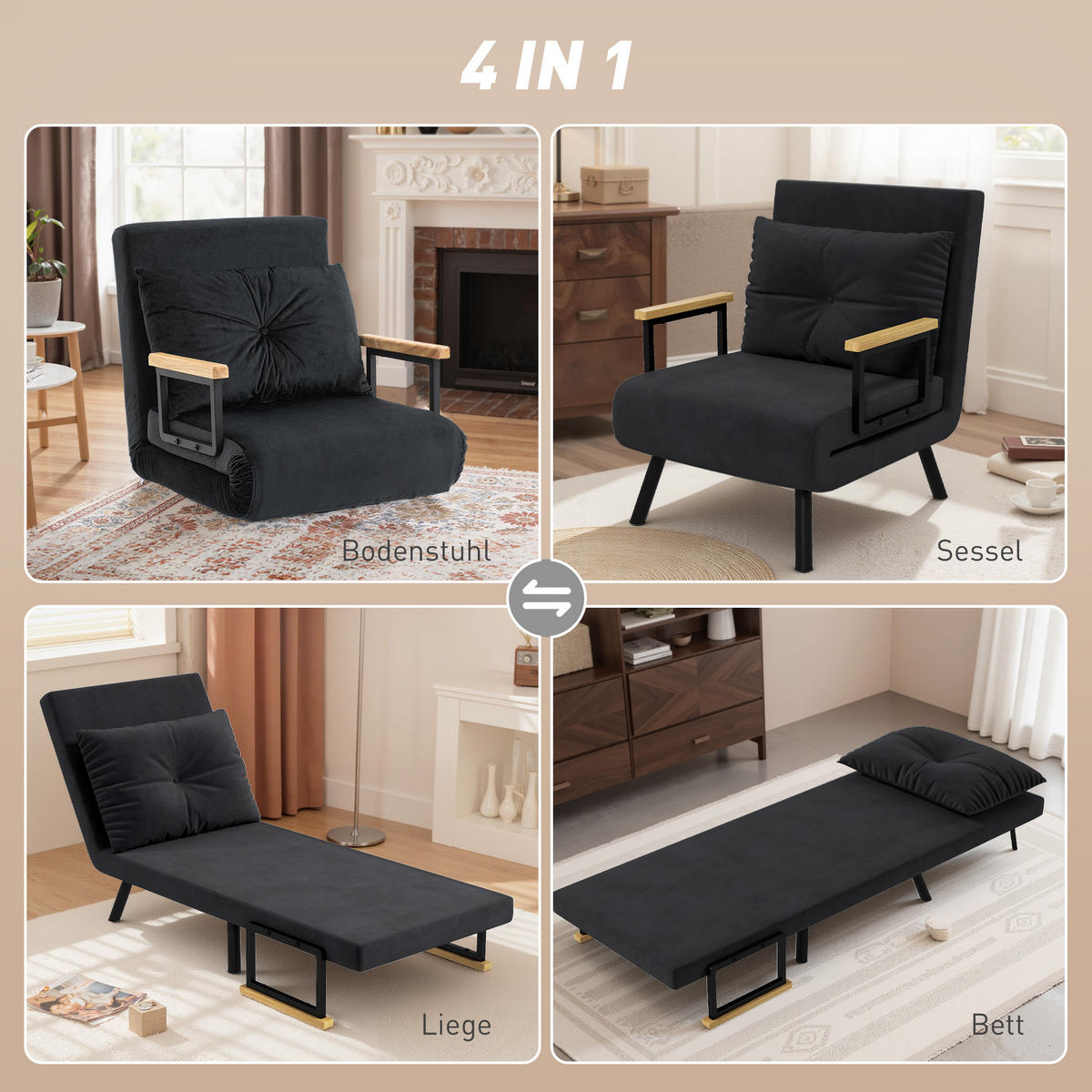 SCHLAFSESSEL, Einzelsofa mit Bettfunktion, Relaxsessel mit Rückenkissen Schwarz - Schwarz/Naturfarben, Holz/Textil (63/81/73cm) - HOMCOM