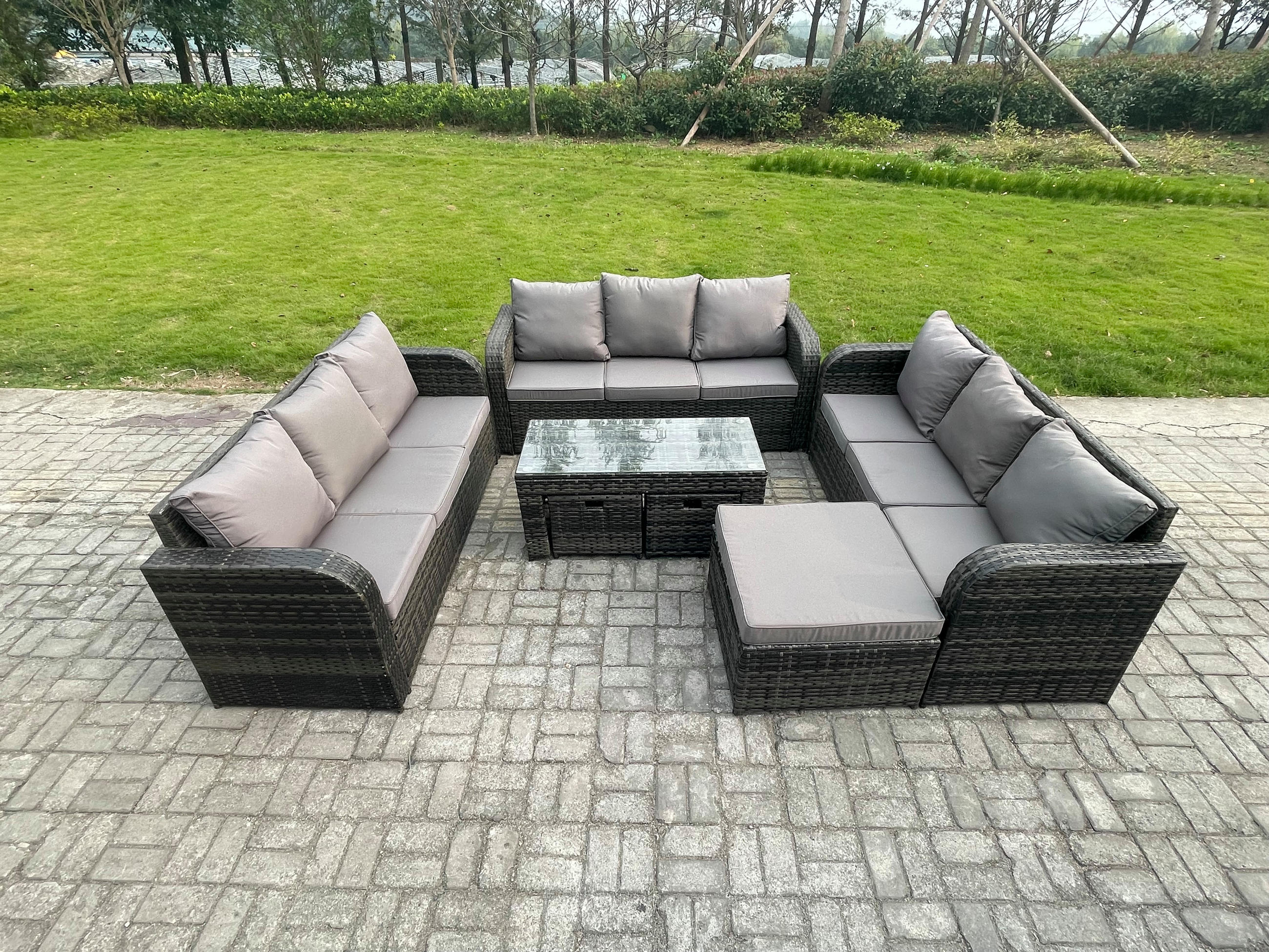 GARTENSOFA SET mit rechteckigem COUCHTISCH Polyrattan 12-Sitzer Dunkelgrau - Dunkelgrau/Grau, Glas/Kunststoff - Fimous