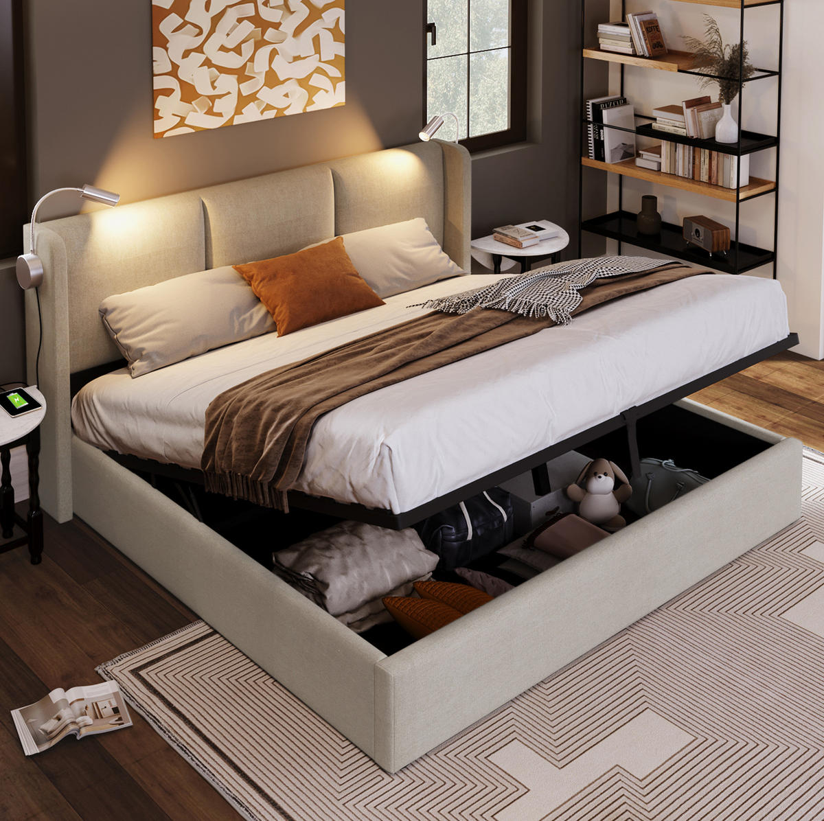 ČALÚNENÁ posteľ z ľanu 160x200 cm béžová s LED lampou, USB nabíjaním a úložným priestorom - béžová, textil (160/200cm) - Modfu