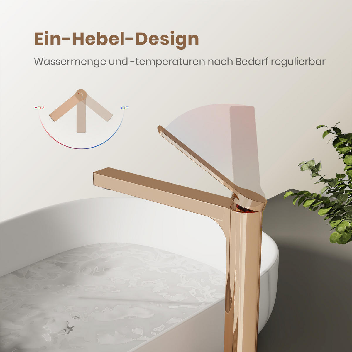 WASCHTISCHARMATUR mit Zertifiziertem Filterelement Rosengold Hoher Stil - Roségold, Metall (23.3/4.6/33.5cm) - EMKE