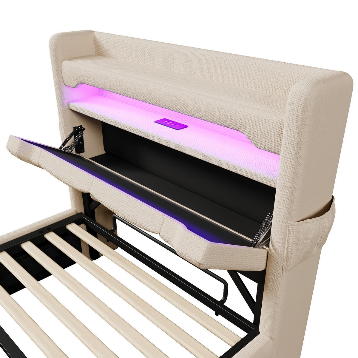 POLSTERBETT 90/200 cm mit Bettkasten, 360° LED & USB/Type-C im Kopfteil, Beige - Beige, Textil (90/200cm) - Redom