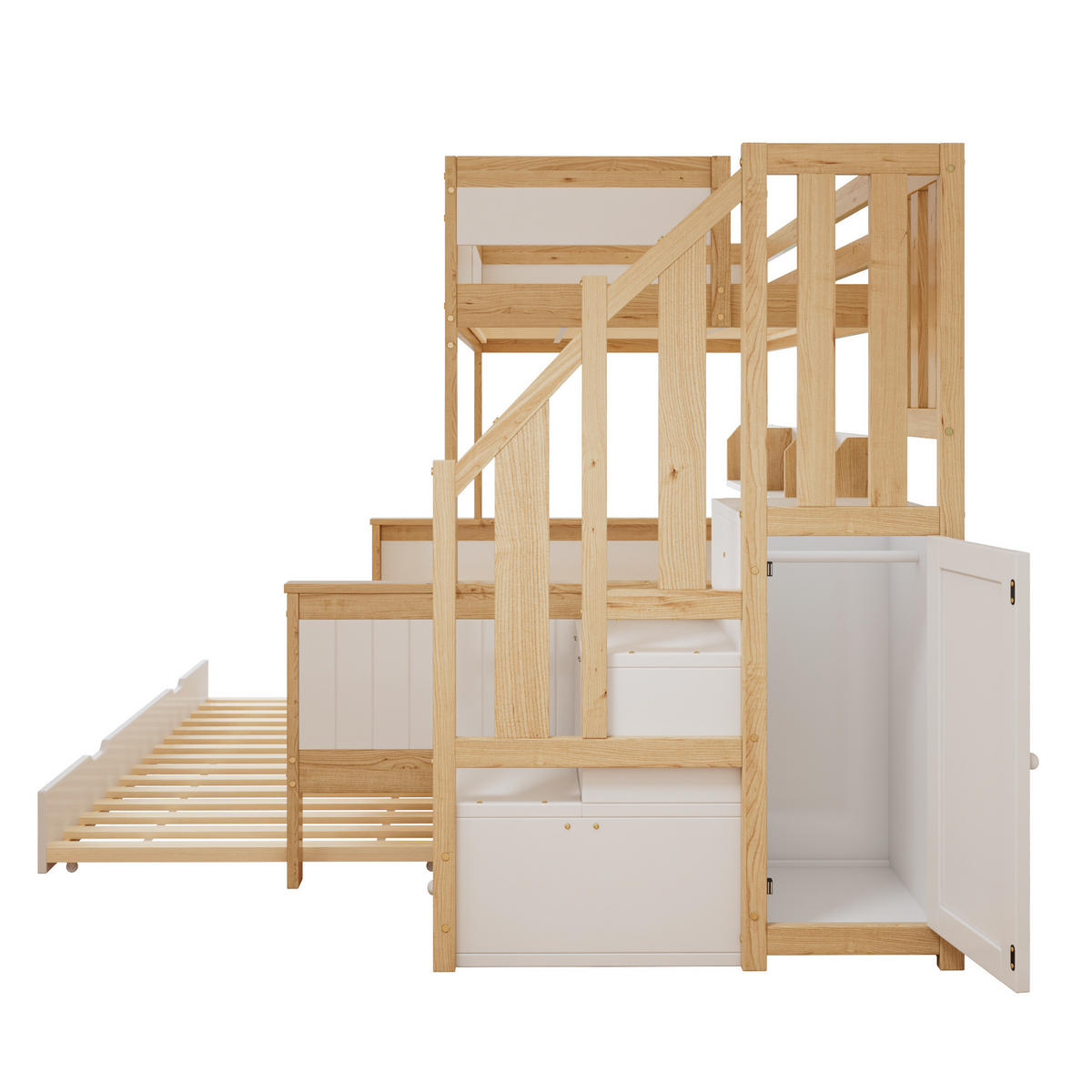 ETAGENBETT aus Kiefernholz und MDF 90x200/120x200 cm Weiß/Natur mit Stauraumtreppe und Rollbett - Weiß, Holzwerkstoff (90/200cm) - IVMEU