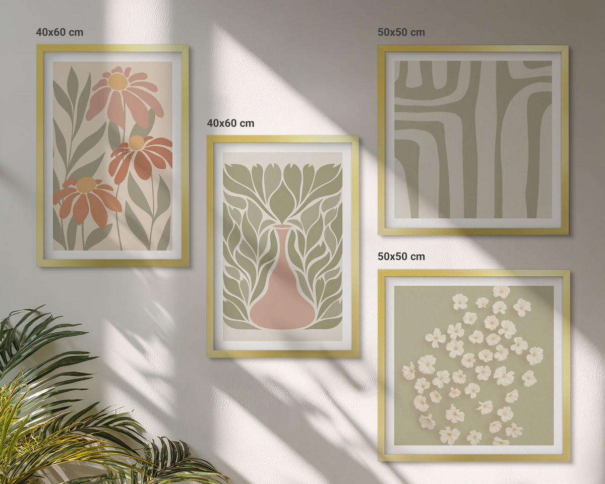WANDBILDER 4er Set - 50x50 cm & 40x60 cm Goldrahmen - Floraler minimalistischer Boho-Stil - Goldfarben, Kunststoff (50/50cm) - ArtPrintCave