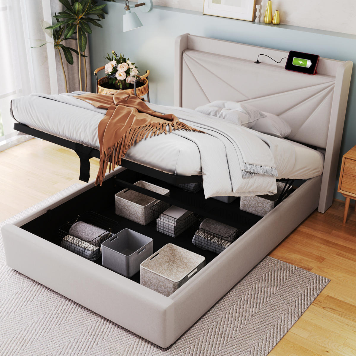 POLSTERBETT 90/200 cm Beige aus Linen mit Stauraum und USB/Typ-C mit Matratze - Beige, Textil (90/200cm) - OKWISH