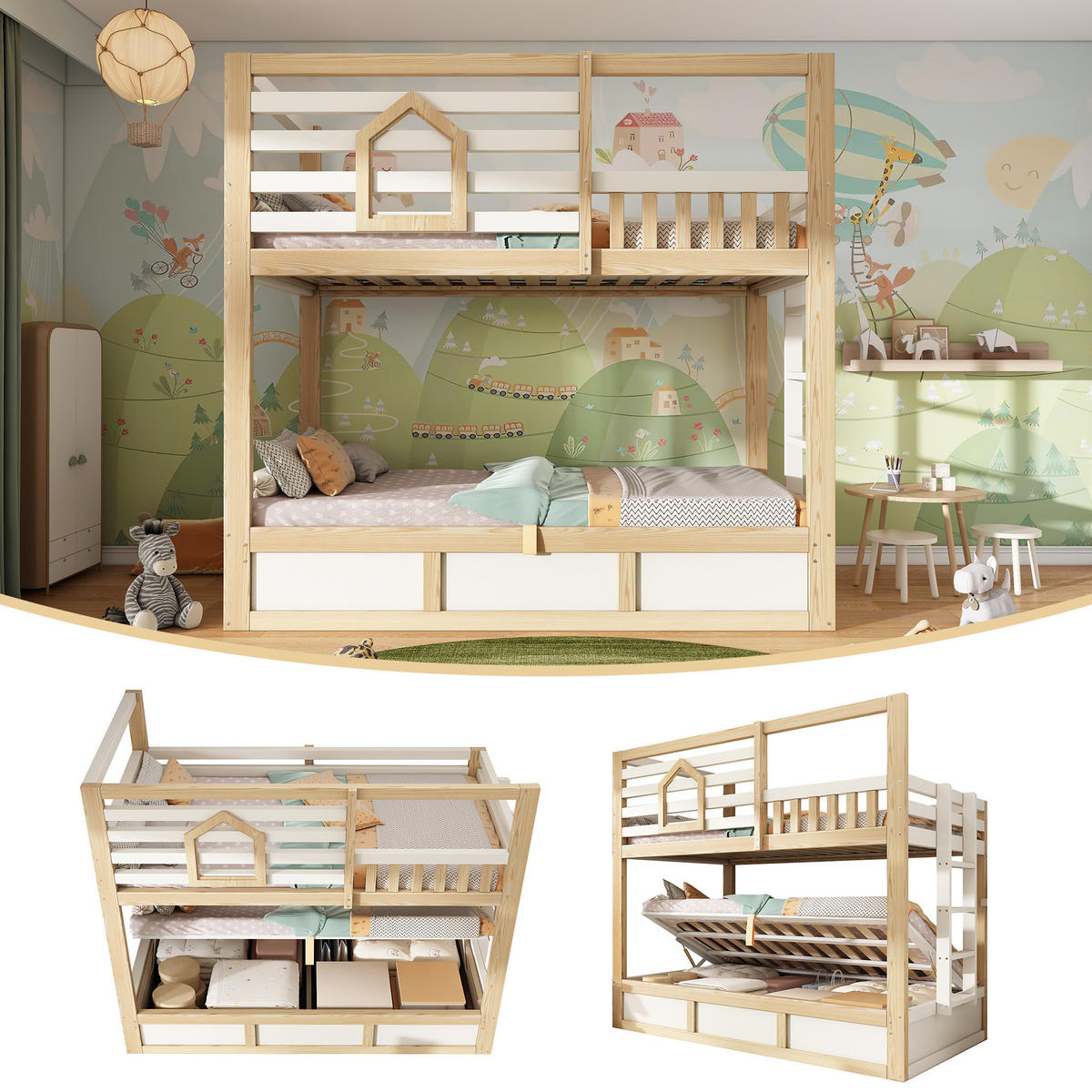 ETAGENBETT 90/200 cm & 90/200 cm in Weiß & Eichefarben mit Stauraum und Sicherheitsgeländer im Hüttenstil - Weiß/Naturfarben, Holzwerkstoff (90/200cm) - STILVORA