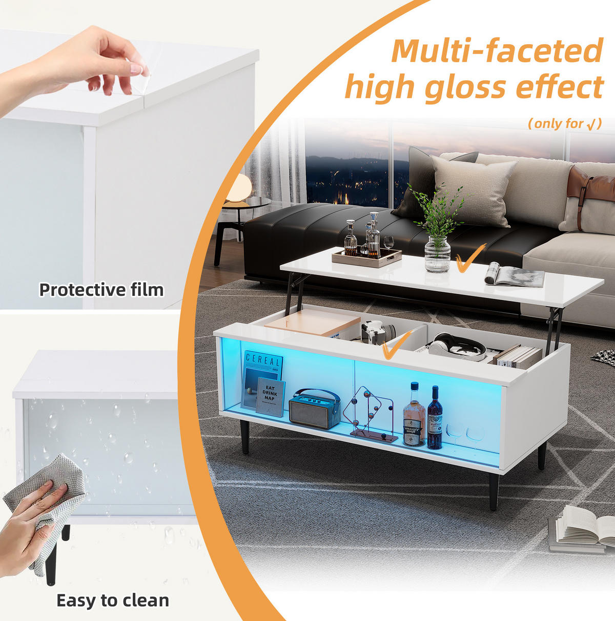 COUCHTISCH 105/50/43 cm weiß aus Spanplatte und gehärtetem Glas mit Höhenverstellung und LED-Licht - Weiß, Holzwerkstoff (105/50/43cm) - OKMYHOME
