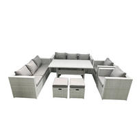 GARTENMÖBEL SET mit 3-Sitzer-Sofa und 2 Stühle, Esstisch,2 Hockern Polyrattan Hellgrau 10-Sitzer - Hellgrau/Grau, Glas/Kunststoff - Fimous