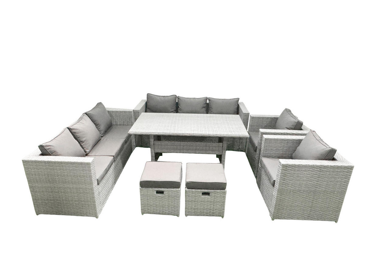 GARTENMÖBEL SET mit 3-Sitzer-Sofa und 2 Stühle, Esstisch,2 Hockern Polyrattan Hellgrau 10-Sitzer - Hellgrau/Grau, Glas/Kunststoff - Fimous