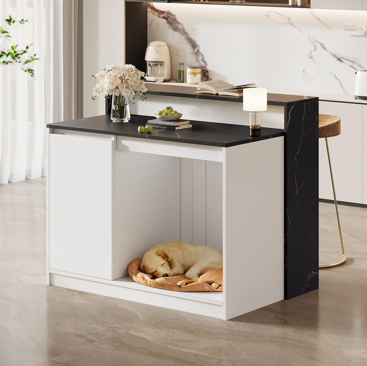 KÜCHENINSEL mit Bartresen MDF in Schwarz-Weiß-Marmoroptik - Schwarz, Holz (80/100/120cm) - Beauniv
