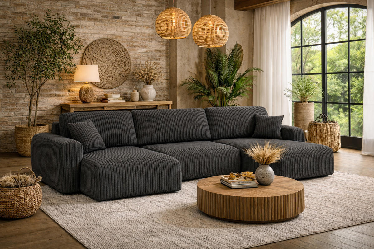 ECKSOFA Mit Schlaffunktion Und Bettkasten U-Form Ariel U, Cordstoff Poso, Grau - Grau, Holz (342/142cm) - Kaiser Möbel