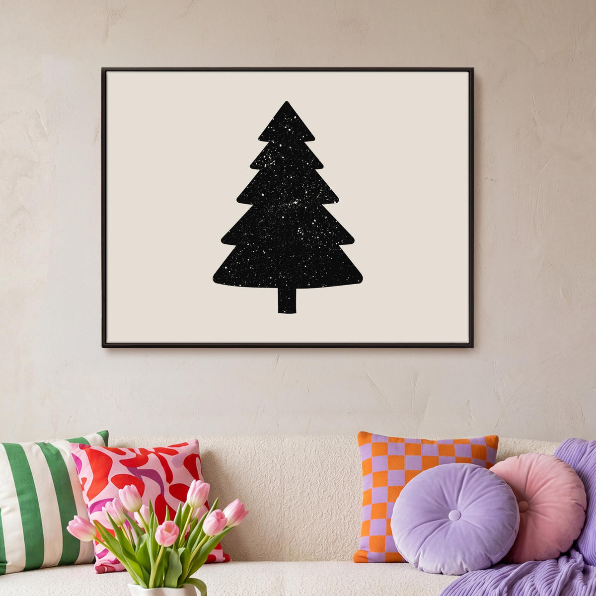 LEINWAND Bilder mit Rahmen - Weihnachtsbaum - Schwarz - Urlaub - Beige - 100x70 - Schwarz, Textil (100/70cm) - MuchoWow