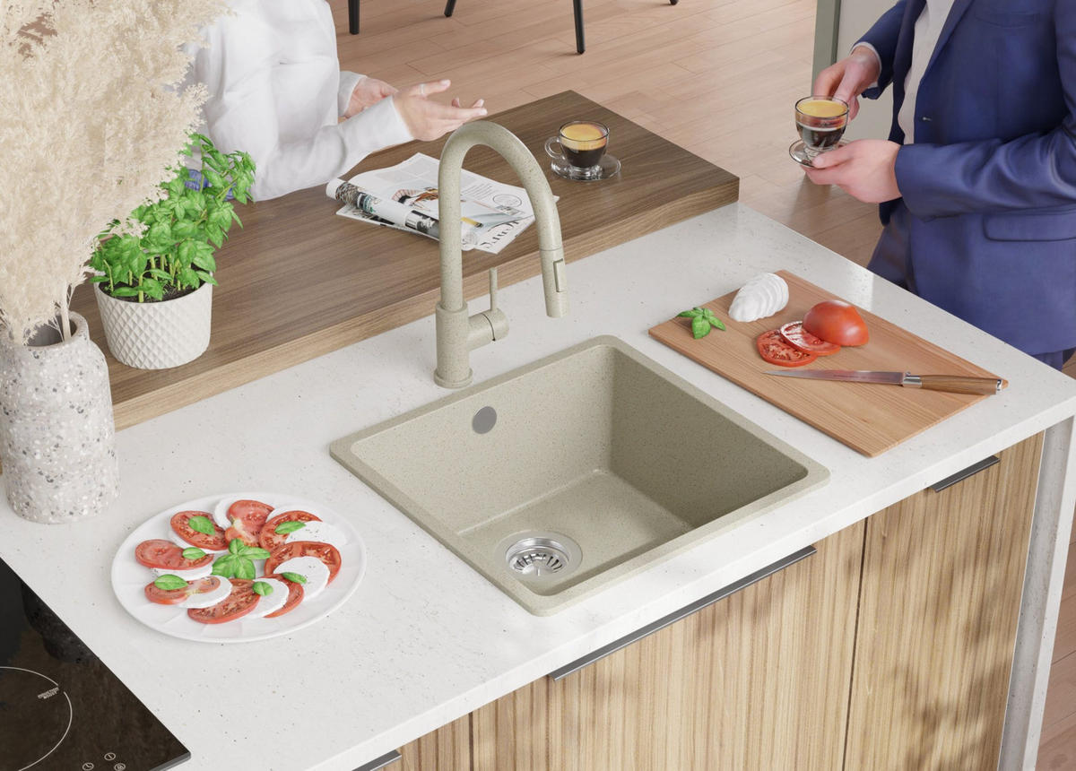 SPÜLBECKEN Venedig Slim Easy, 2-er set Beige 46/44 cm 1 Becken + Ablauf-Set ab 50er Unterschrank - Chromfarben/Beige, Kunststoff (46/20/44cm) - Primagran