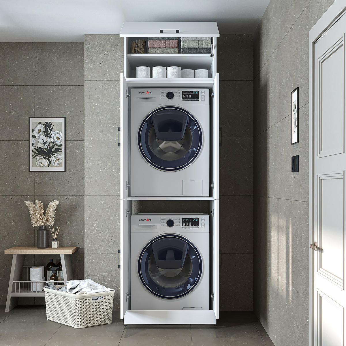 WASCHMASCHINENSCHRANK DORA-II 70cm Breit, 230cm Hoch - Weiß, Holzwerkstoff (70/230/74cm)