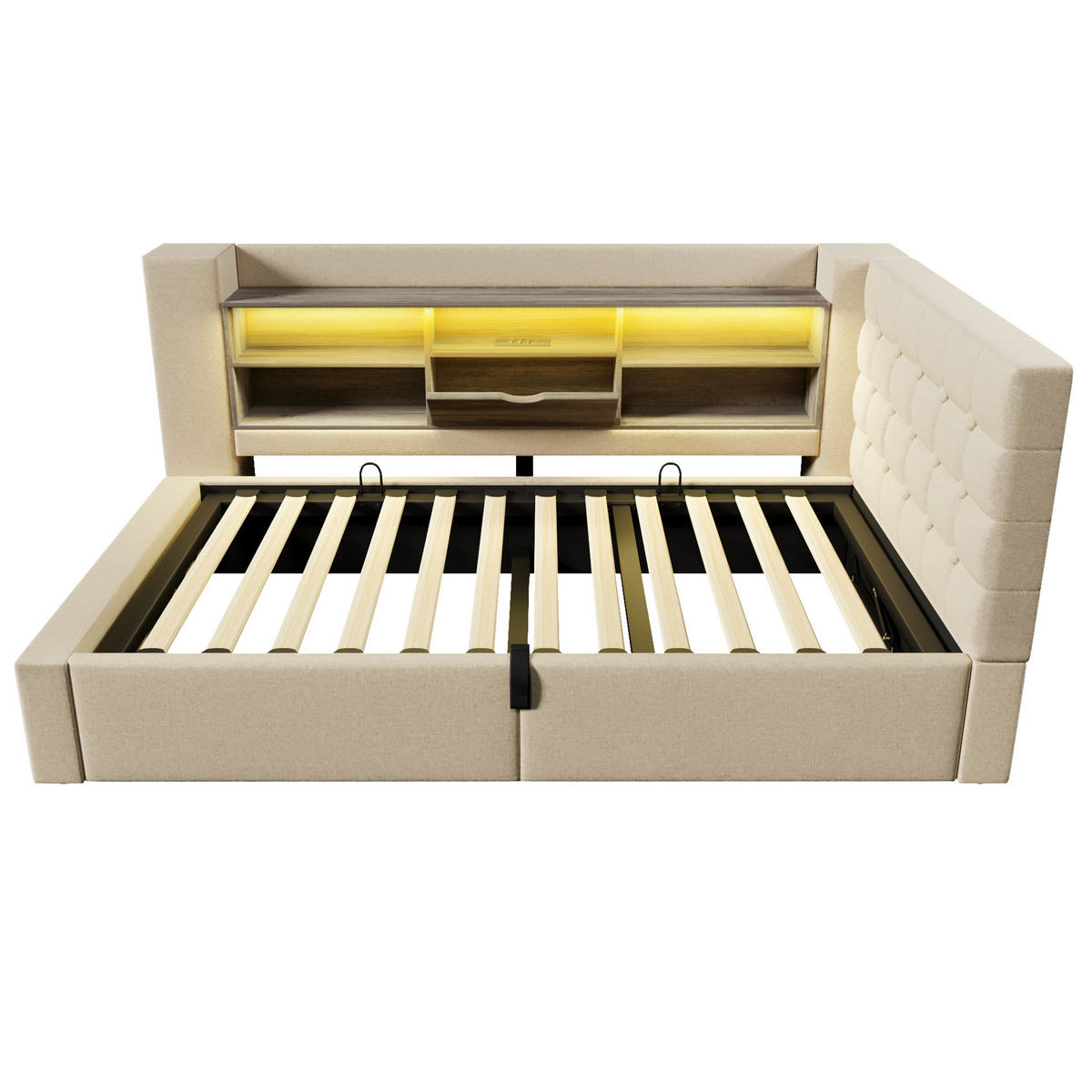 POLSTERBETT 90/200 cm Beige mit LED-Beleuchtung, Stauraum und USB-/Type-C-Anschlüssen - Beige, Textil (90/200cm) - Flora Grace