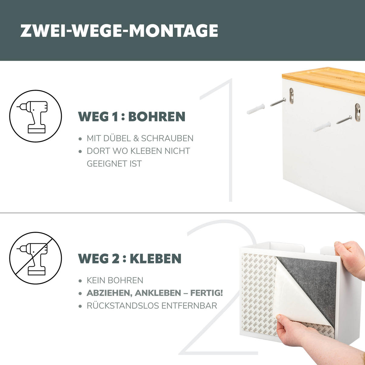 PAPIERHANDTUCHSPENDER mit Bambus-Einsatz - Weiß, Naturmaterialien (29/25/15cm) - eluno