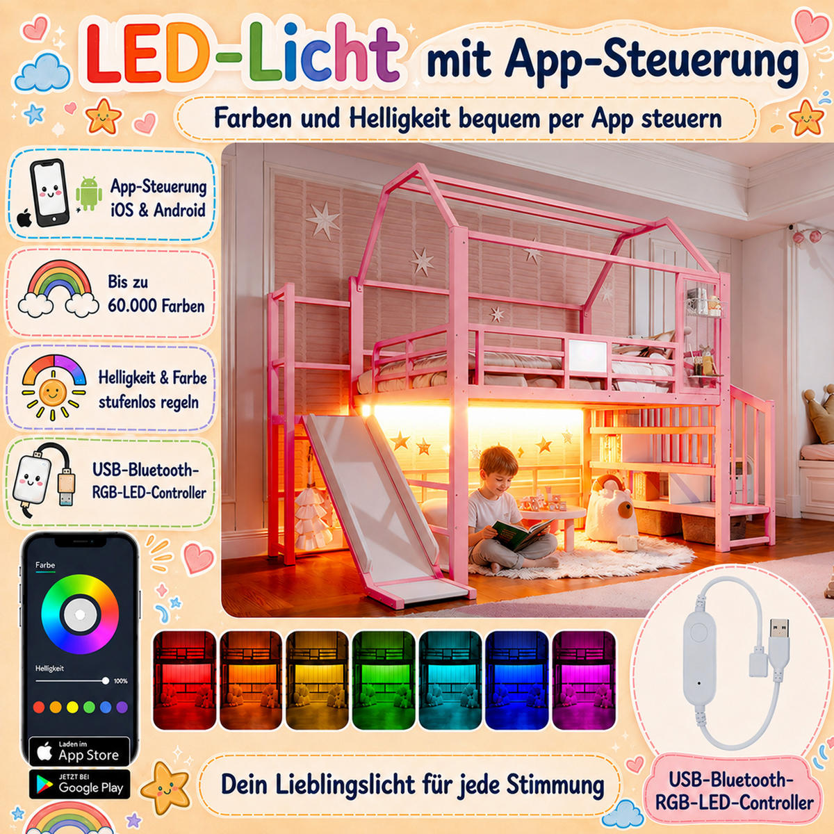 HOCHBETT 140/200cm mit Rutsche, LED/Treppe, Metall, Rosa - Rosa, Metall (140/200cm) - LVHOM
