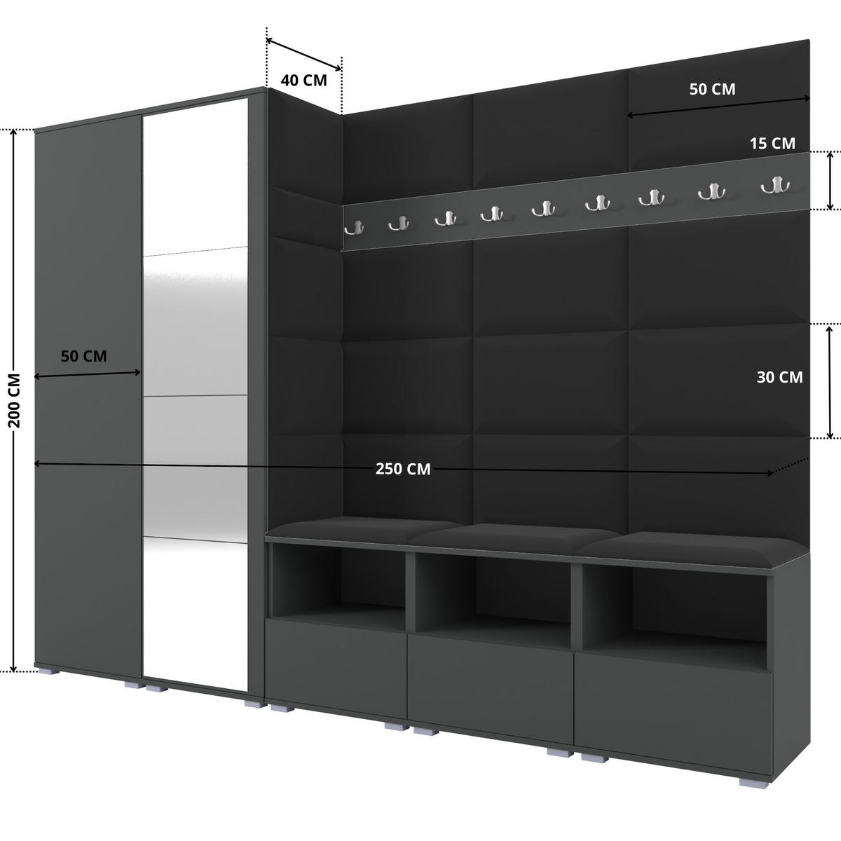 GARDEROBE NELA VII 250 cm (Modulare Flurmöbel XL Graphit mit Spiegel & Sitzpolster Schwarz 16 Universell) - Silberfarben/Schwarz, Holz/Holzwerkstoff (250/187/40cm) - Ravio
