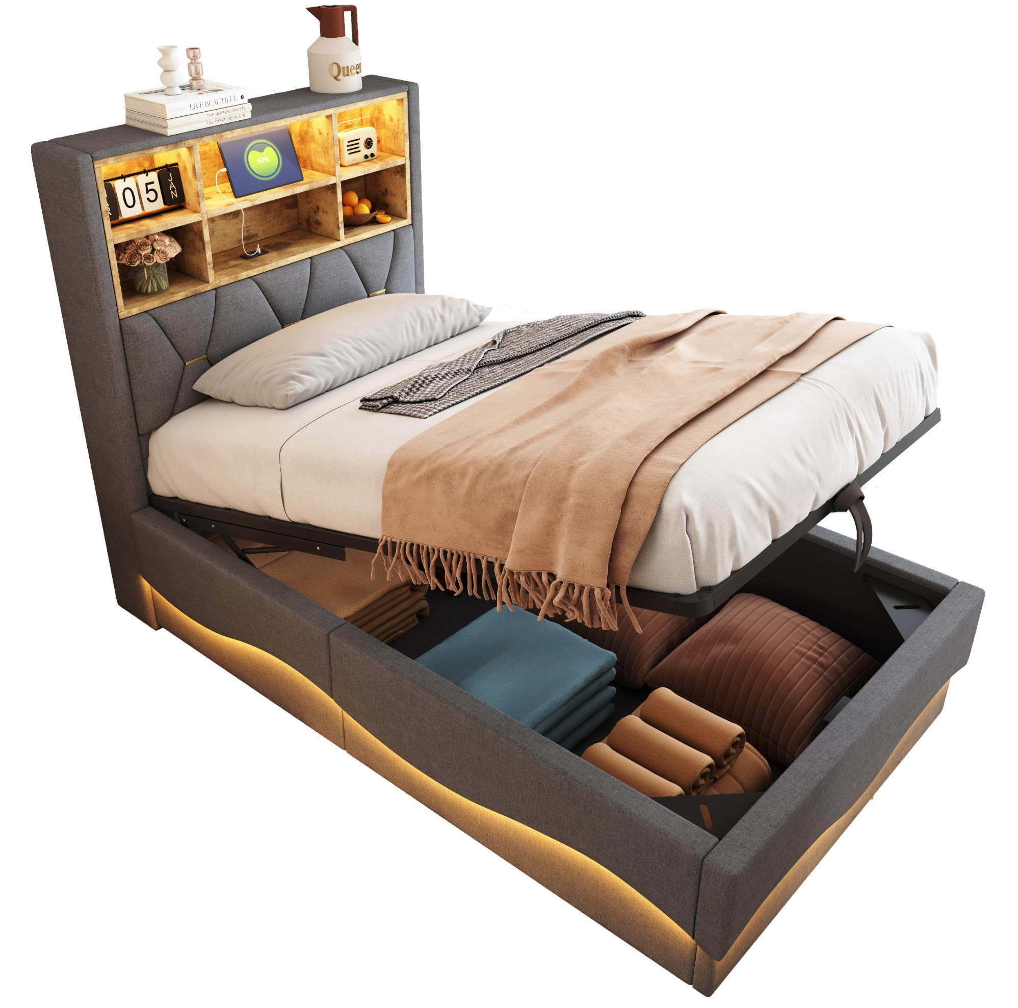KINDERBETT 90/200 cm in Grau mit Stauraum, LED-Beleuchtung und USB-Anschluss - Grau, Metall (90/200cm) - Flora Grace