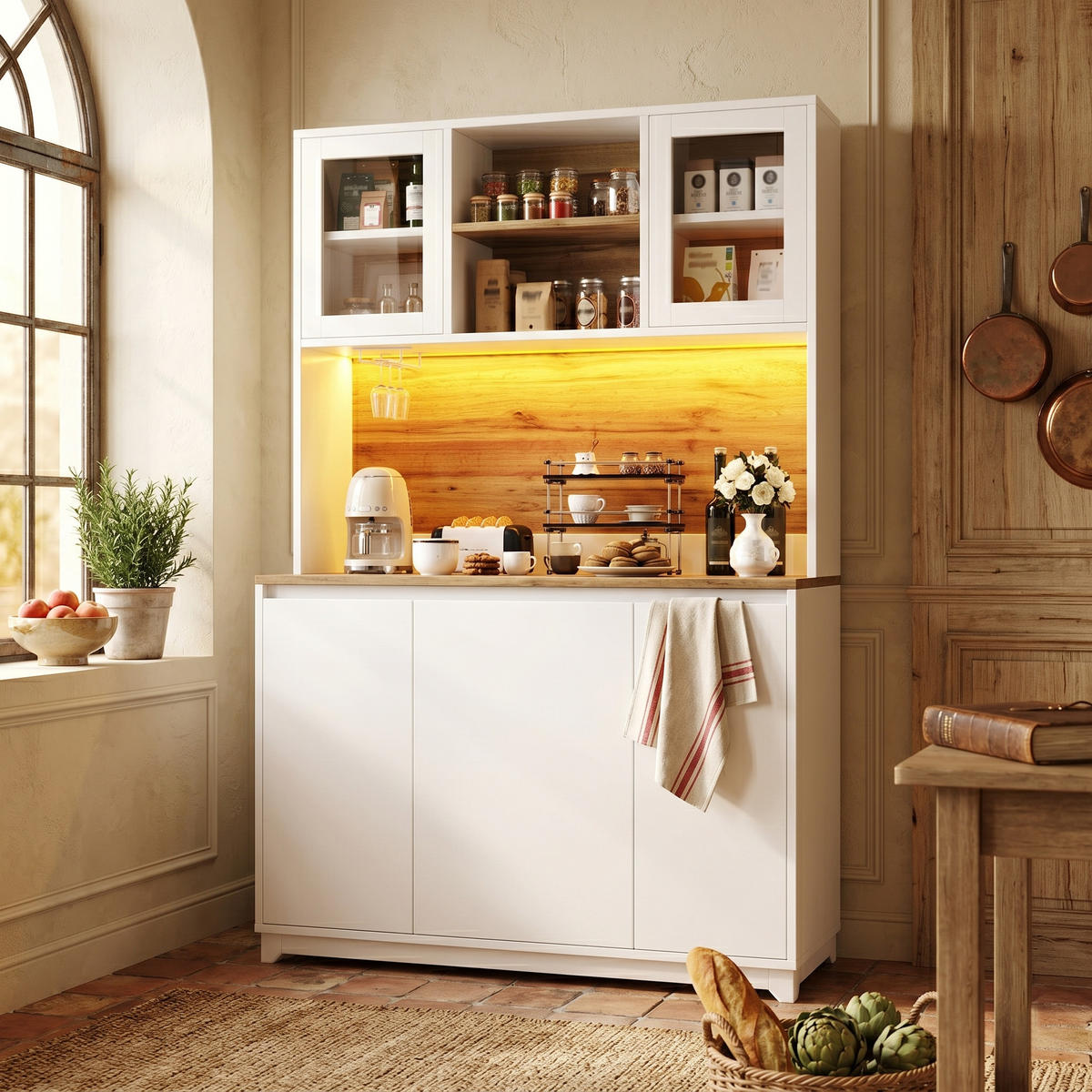 KÜCHENSCHRANK in Weiß mit Acryltüren, mit LED-Beleuchtung und Abfallfach - Weiß, Holzwerkstoff (120/180/40cm) - Urban Meuble
