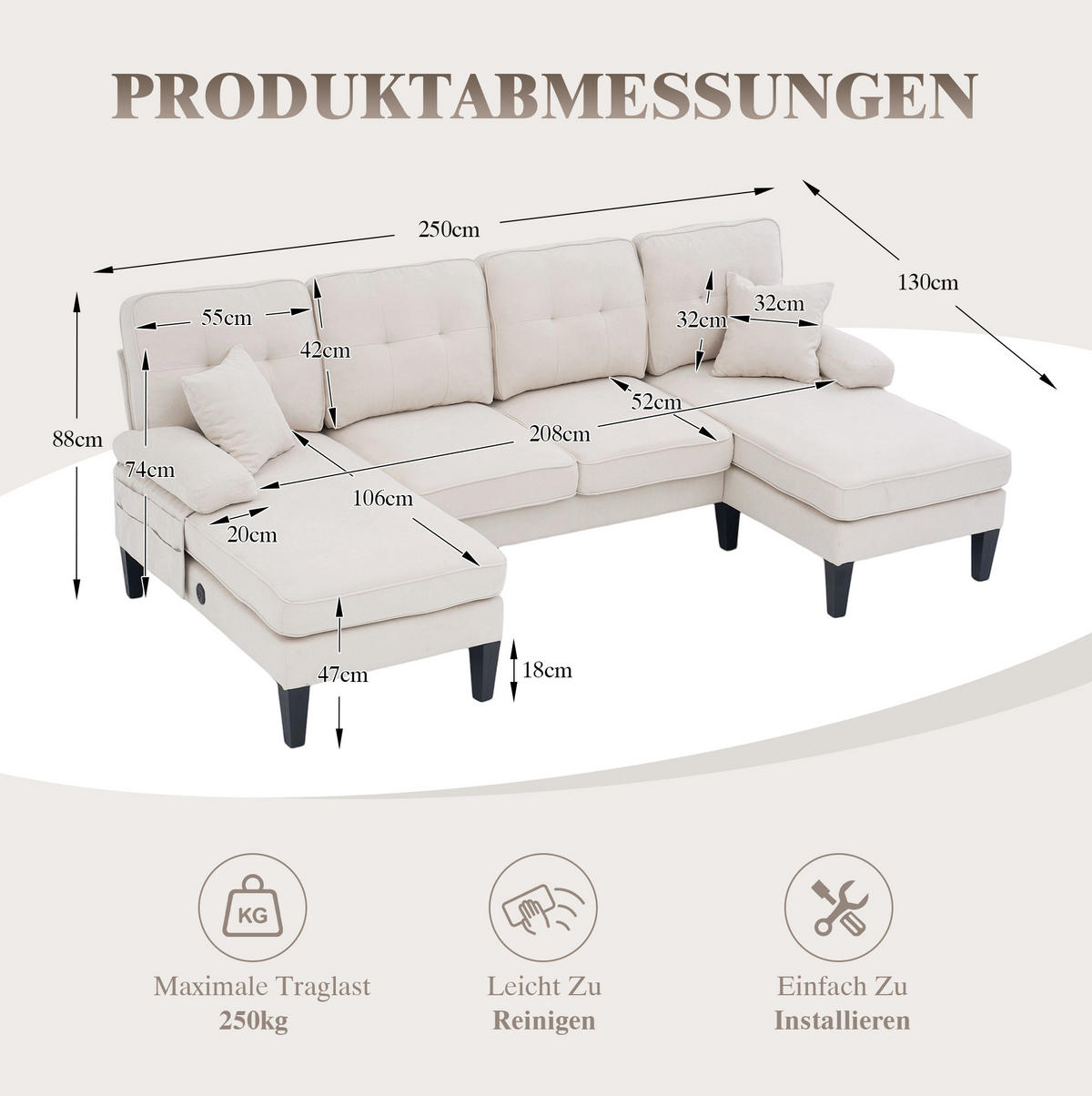 WOHNLANDSCHAFT aus Leinenstoff 250x130x88 cm in Beige mit USB - Beige, Textil (130/88/250cm) - Modfu