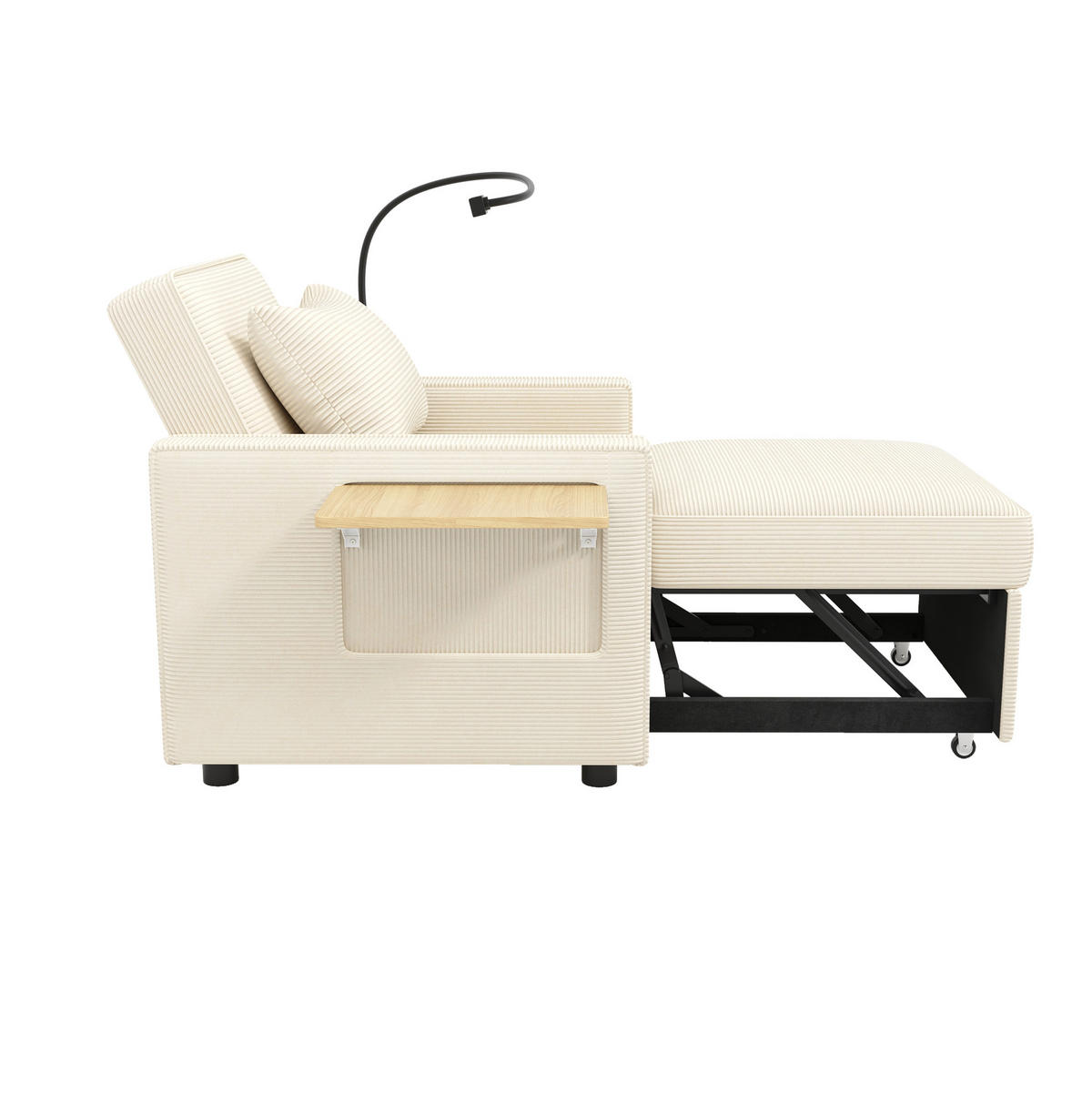 ROZKLÁDACÍ pohovka 93/150/85 cm béžová z manšestru s USB a Type-C portem a držákem telefonu - béžová, textil (93/85/150cm) - OKWISH