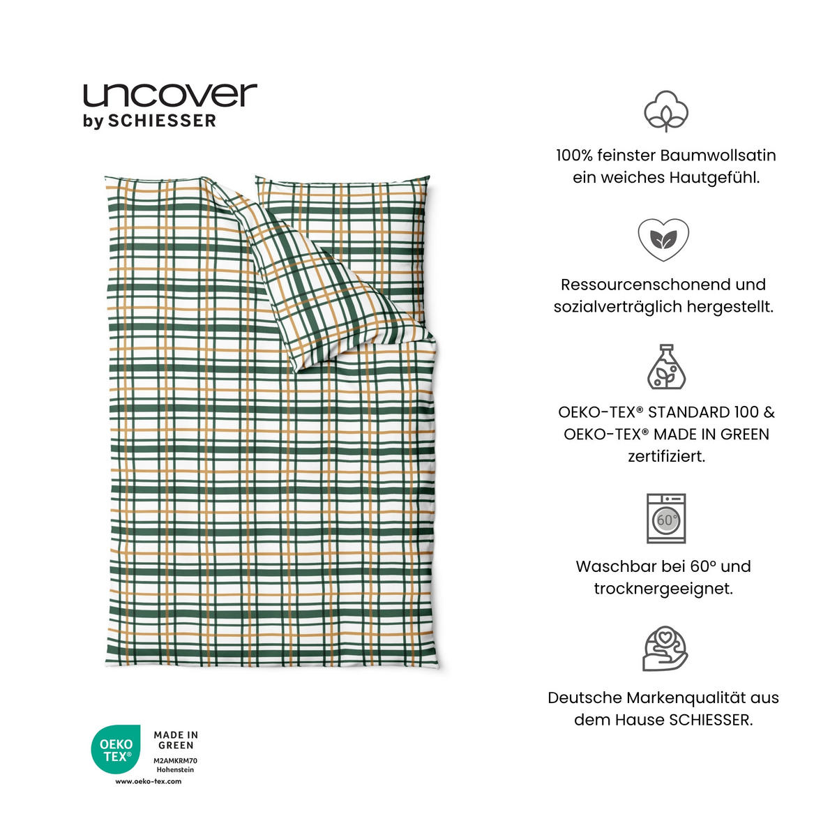 BETTWÄSCHESET Maxim - Baumwollsatin - 2-teilig - 135x200cm - Grün-Senf - Hellbraun, Textil (135/200cm) - Uncover by Schiesser