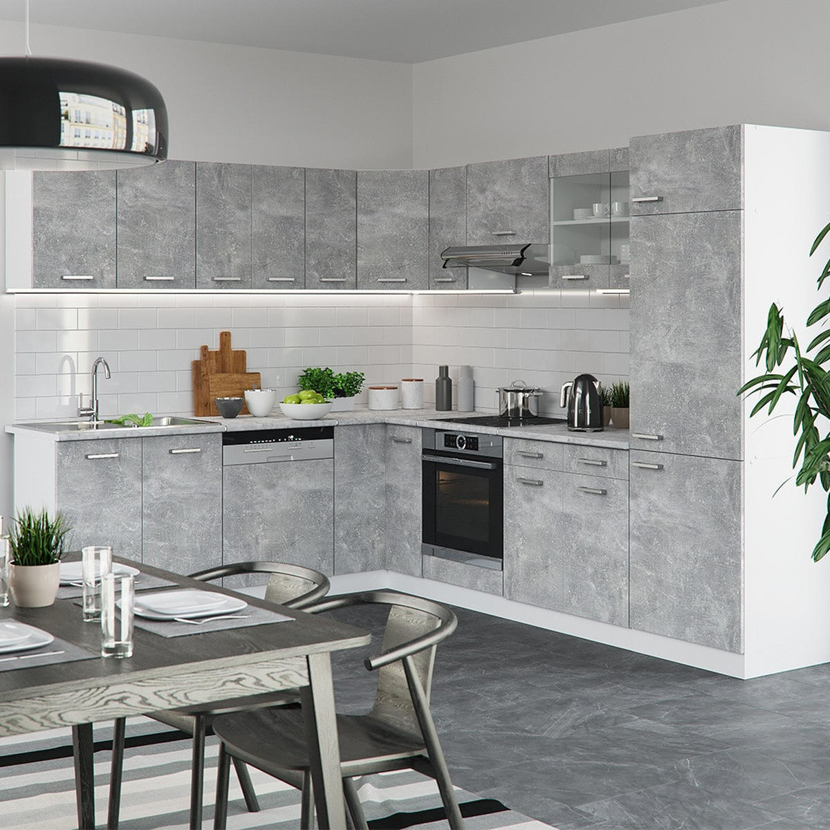 ECKKÜCHE R-Line, Beton/Weiß, 287 x 227 cm, AP Marmor - Weiß/Grau, Holzwerkstoff (287/81.6/60cm) - Vicco