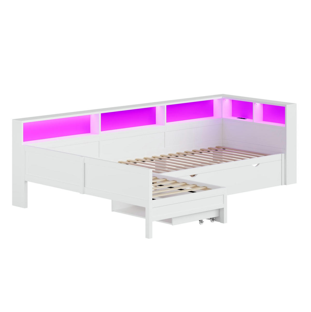 TAGESBETT 90/200 cm aus MDF und Sperrholz mit Ausziehbett, LED und Ladestation, Weiß - Weiß, Holzwerkstoff (90/200cm) - Redom