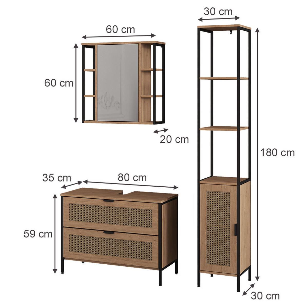 BADMÖBEL-SET Linara, Eiche, 3er Set - Eichefarben, Holzwerkstoff (80/59/35cm) - Vicco