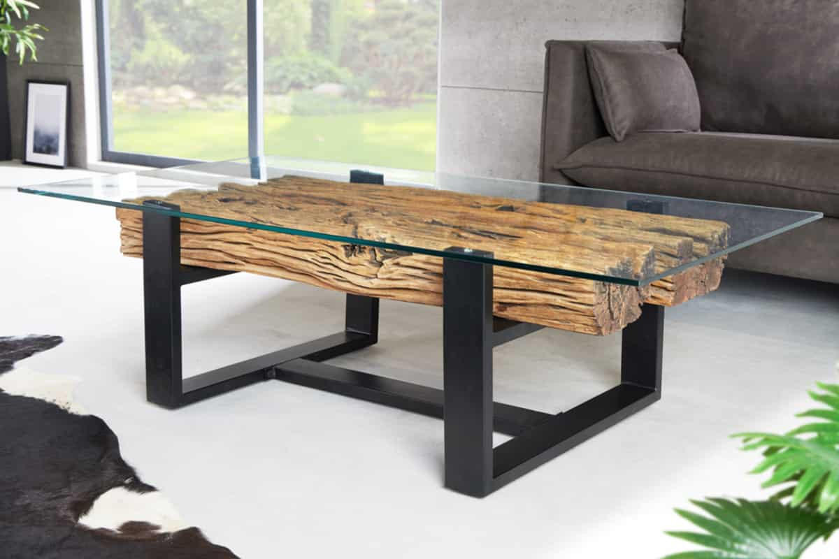 COUCHTISCH BARRACUDA Teakholz rechteckig Natur|Transparent|Schwarz 130cm - Transparent/Schwarz, Glas/Holz (70/130/42cm) - riess-ambiente