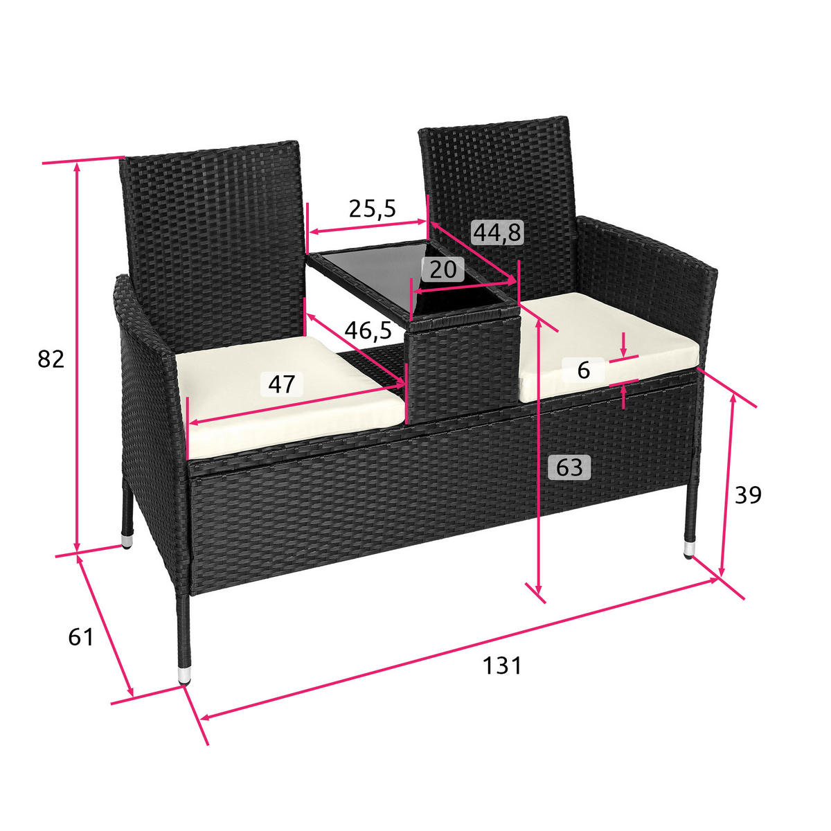 RATTAN GARTENSITZBANK Narbonne,131 x 59 x 82 cm,schwarz/beige - Beige/Schwarz, Kunststoff (61/82/131cm) - tectake