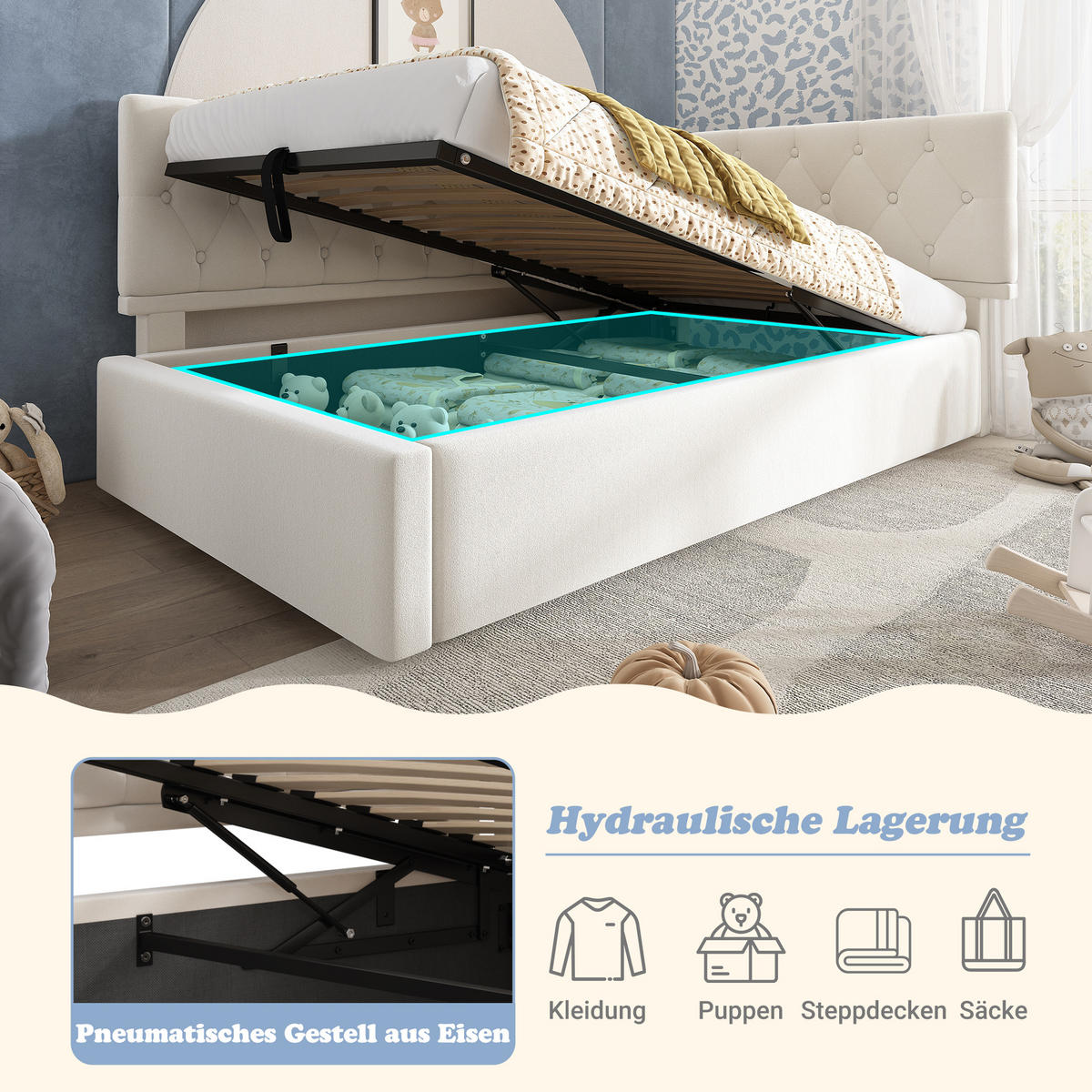 TAGESBETT 90/190 cm DE-00301, in Beige, hydraulischem Stauraum - Beige, Metall (90/190cm) - ComfortXL