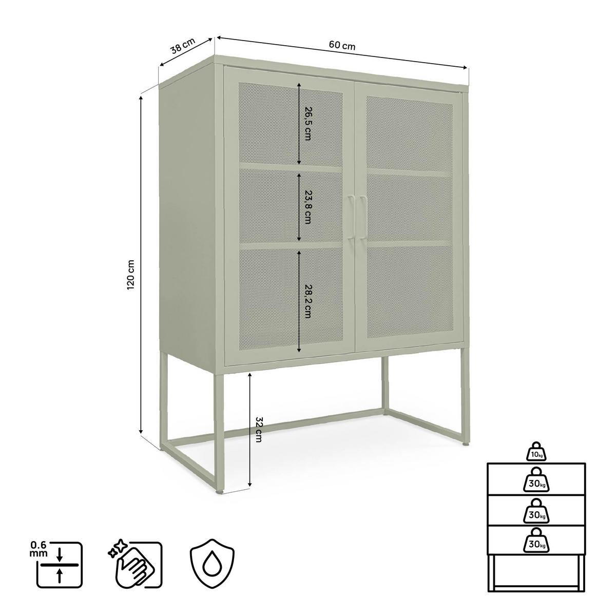 HIGHBOARD im Industrial-Design aus Metall H.120cm 2 Türen Streckmetall Olivgrün - Kai - Grün, Metall (85/120/45cm) - Sicaan