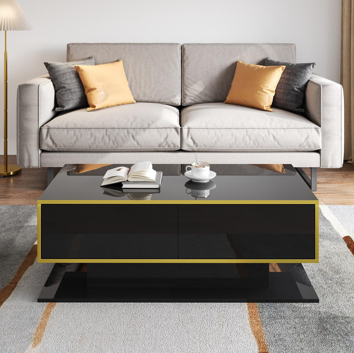 COUCHTISCH mit LED und 3 Schubladen 100 x 50 x 40 cm Schwarz Gold - Schwarz, Holzwerkstoff (100/50/40cm) - Meubliv