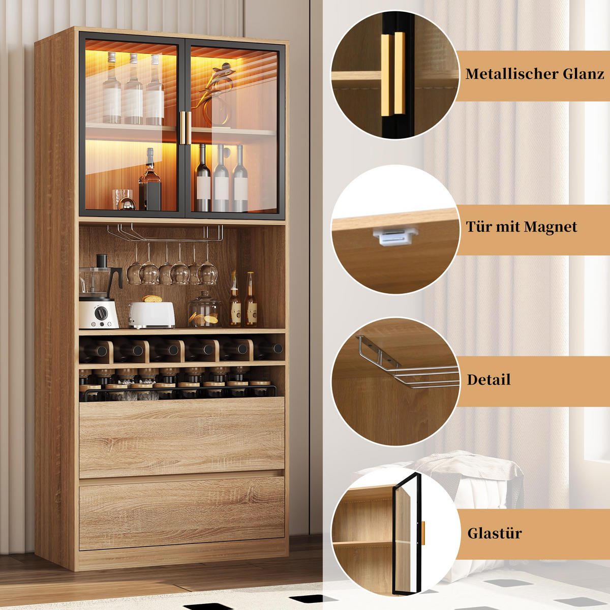 KÜCHENSCHRANK natur-optik 180 cm hoch mit 3-farben led & weinregal - Naturfarben, Holzwerkstoff (80/180/40cm) - Urban Meuble