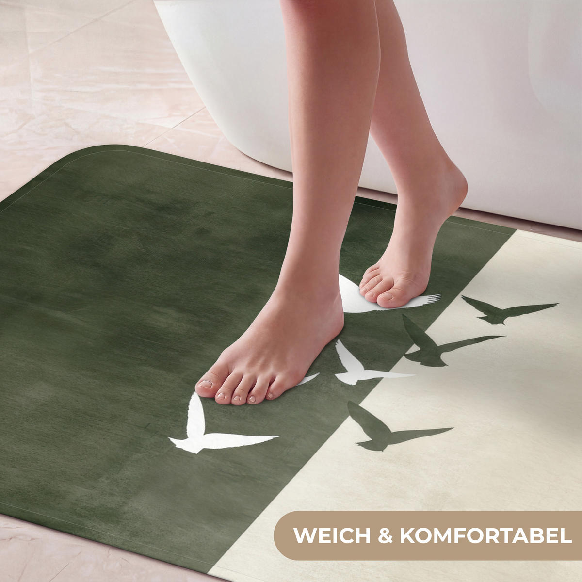 KOUPELNOVÁ PŘEDLOŽKA Japandi - Pták - Zelený 120x60 cm - olivově zelená, textil/plast (120/60cm)