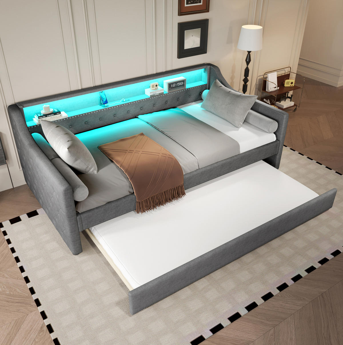 DAYBETT 90/200 cm Grau mit Ausziehbett und LED-Beleuchtung aus Leinen - Grau, Textil (90/200cm) - OKWISH