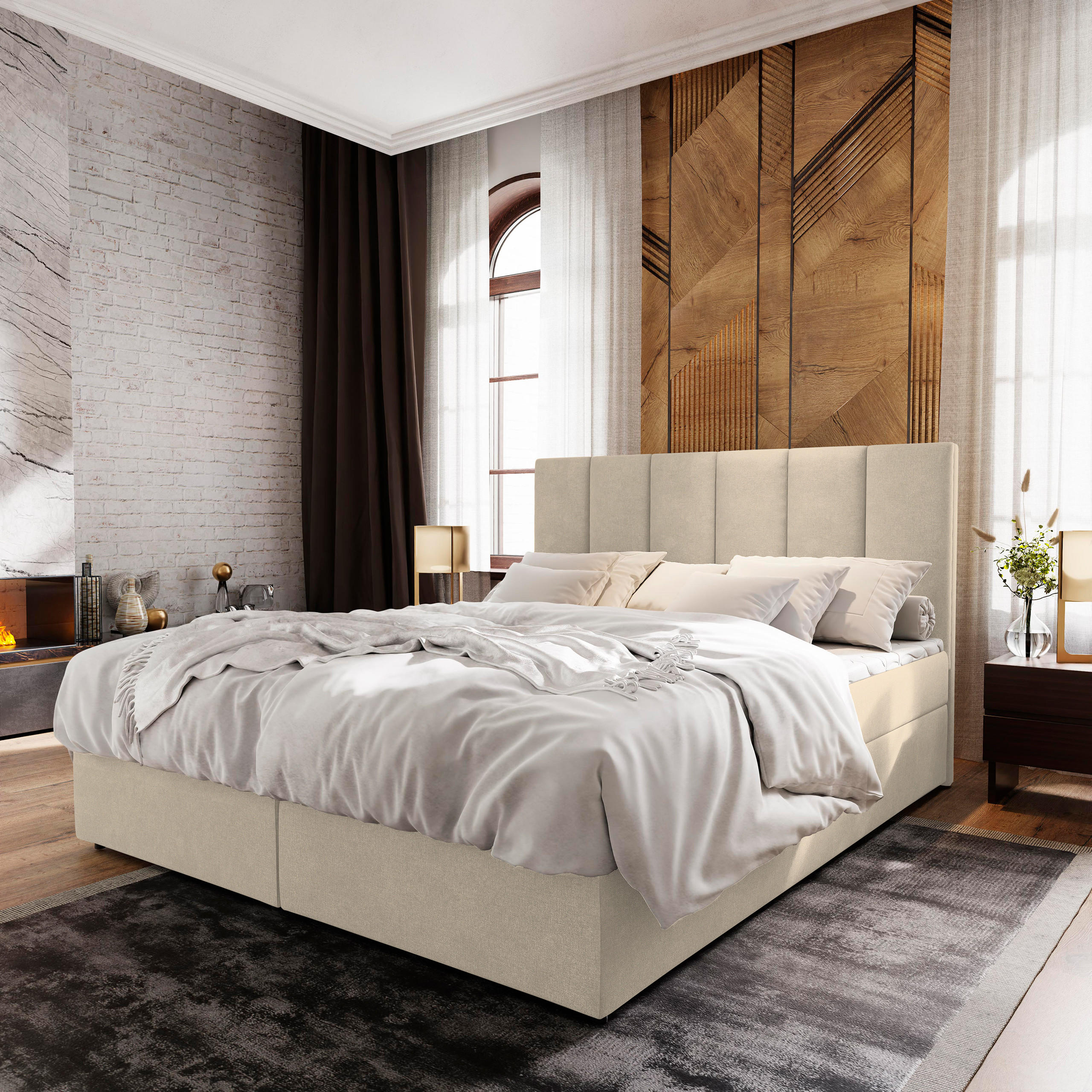BOXBETT MERIL 180x200 cm mit Matratze und Topper - Beige - Beige, Holz (180/200cm) - MASSENO