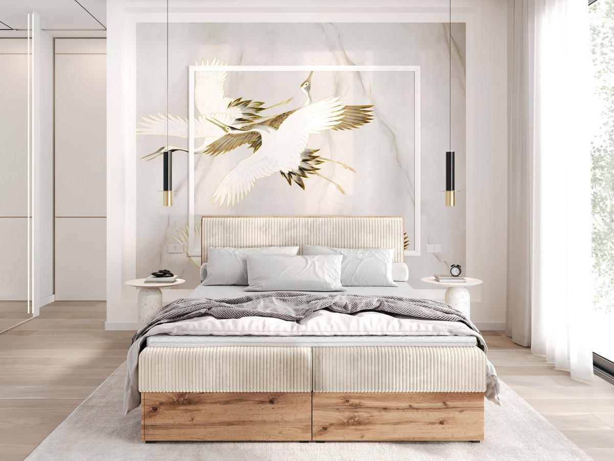 BOXBETT TESSA 180x200 Creme Cord - H3 - Beige, Textil (120/200cm) - AN-Moebel 4u