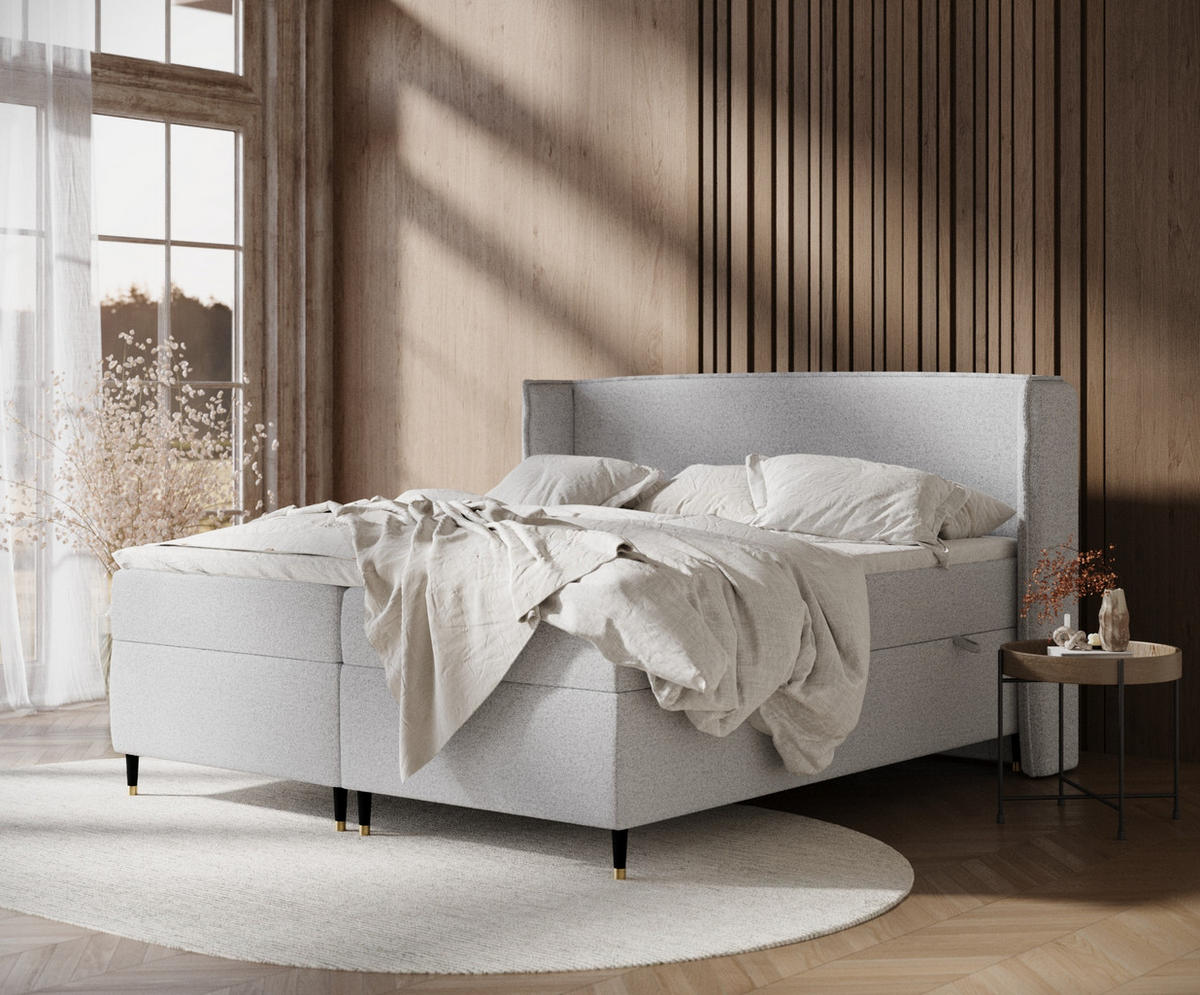 BOXSPRINGBETT Segni Hellgrau 160/200 cm mit Matratze und Topper - Hellgrau/Schwarz, Holz/Holzwerkstoff (160/200cm) - Maison de Reve