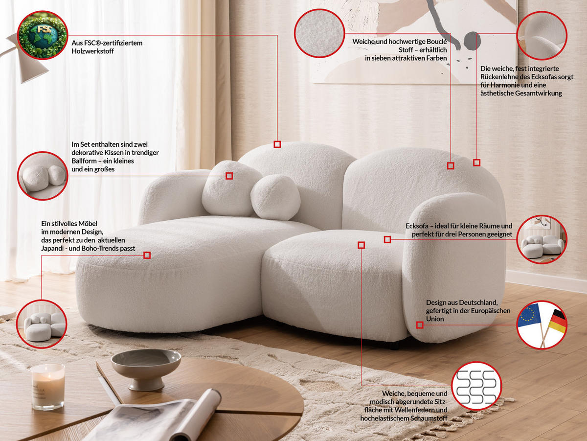 ECKSOFA Nuvola mit abgerundetem Design Weiß Bouclé-Stoff - Ottomane Links - Schwarz/Weiß, Holz/Kunststoff (190/146cm) - S-Style Möbel