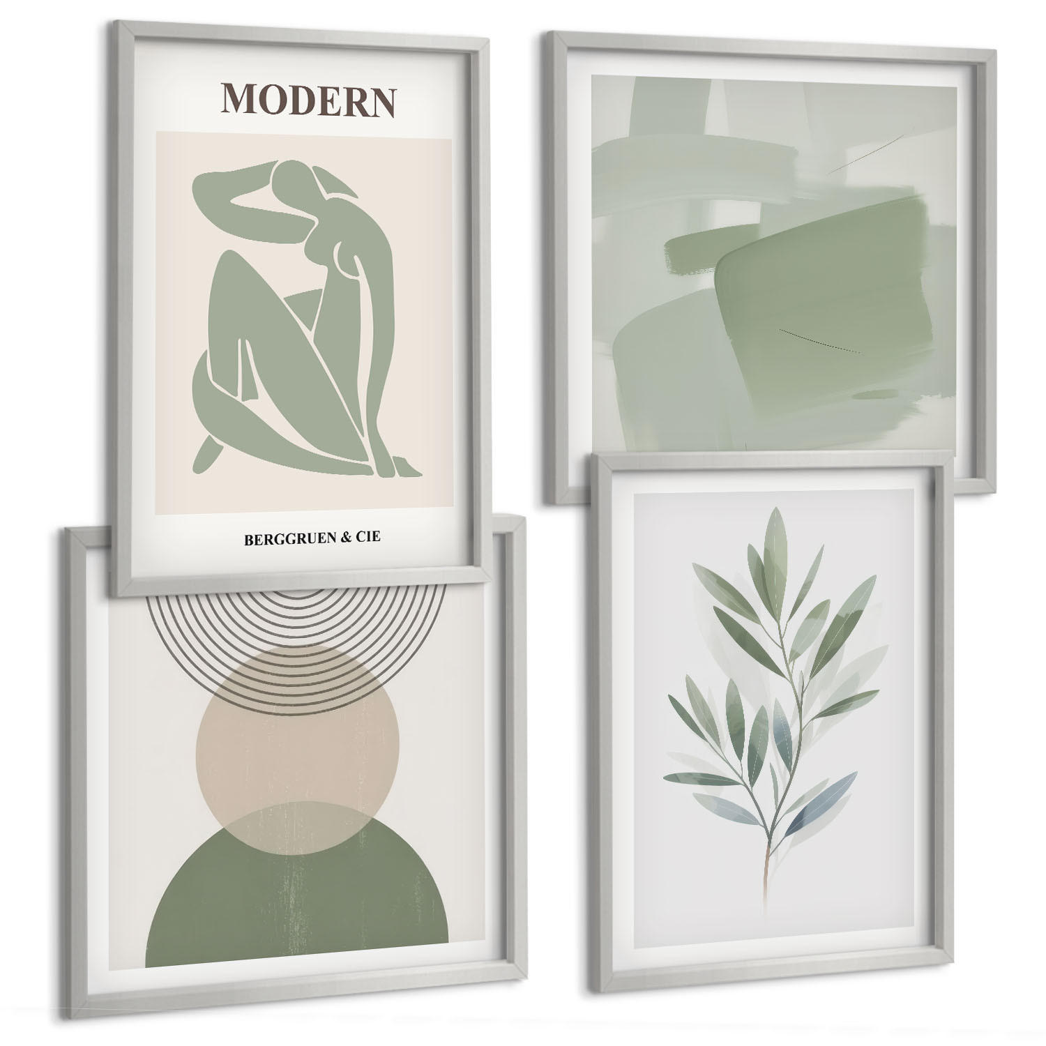 BILDER SET 4er Set - 50x50 cm & 40x60 cm Silberner Rahmen - Stilvolle abstrakte Pflanzengrafiken - Silberfarben, Kunststoff (50/50cm) - TULUP