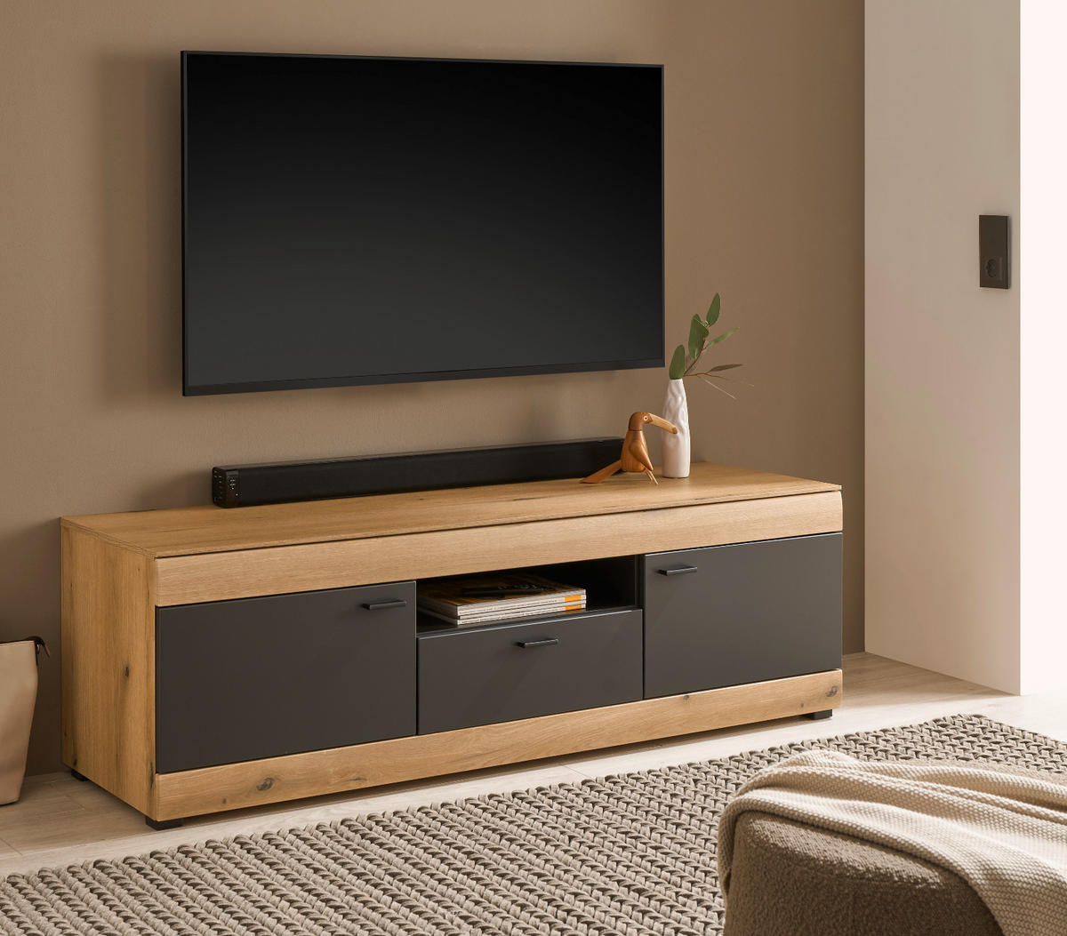 TV-LOWBOARD in Eiche, grau 150 cm, TV Unterschrank mit Soft-Close - Kaschmir/Eichefarben, Holzwerkstoff/Kunststoff (150/484/45cm) - Furn.Design