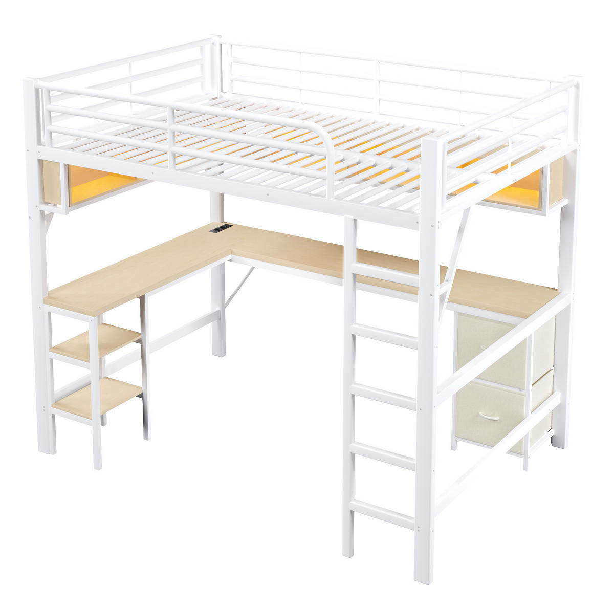 HOCHBETT 140/200 cm in Weiß – mit Schreibtisch, Stauraum und Rausfallschutz - Weiß, Holzwerkstoff (140/200cm) - BEAOK