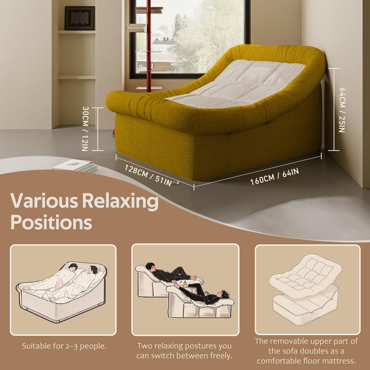 SITZSACK-SESSEL für Zwei komfortabel Gelb - Gelb, Textil (128/64/160cm) - Vercart