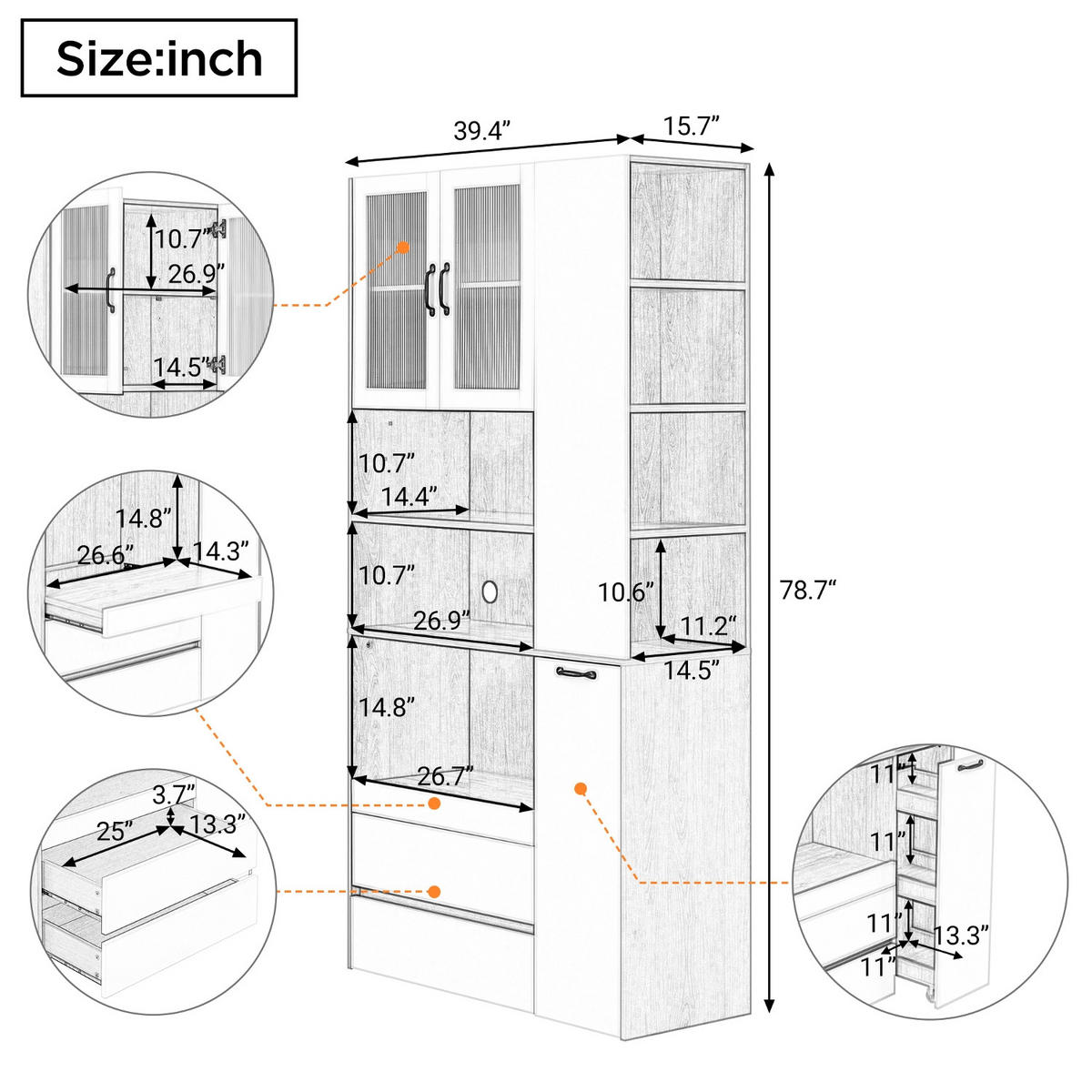 KÜCHENSCHRANK Weiß Nussbaum 100/200/40 cm, MDF, Buffetschrank mit Riffelglas, SCHRANK MIT VERSTELLBAREN REGALBÖDEN, für Küche - Weiß, Holzwerkstoff (40/200/100cm) - Rolipo