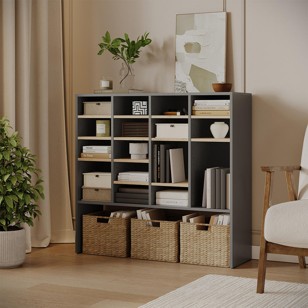 SCHUHSCHRANK Hermia, Anthrazit/Goldkraft Eiche, 104.2 x 99 cm mit 16 offenen Fächern - Honigeiche/Anthrazit, Holzwerkstoff (104.2/99/32.1cm) - Vicco