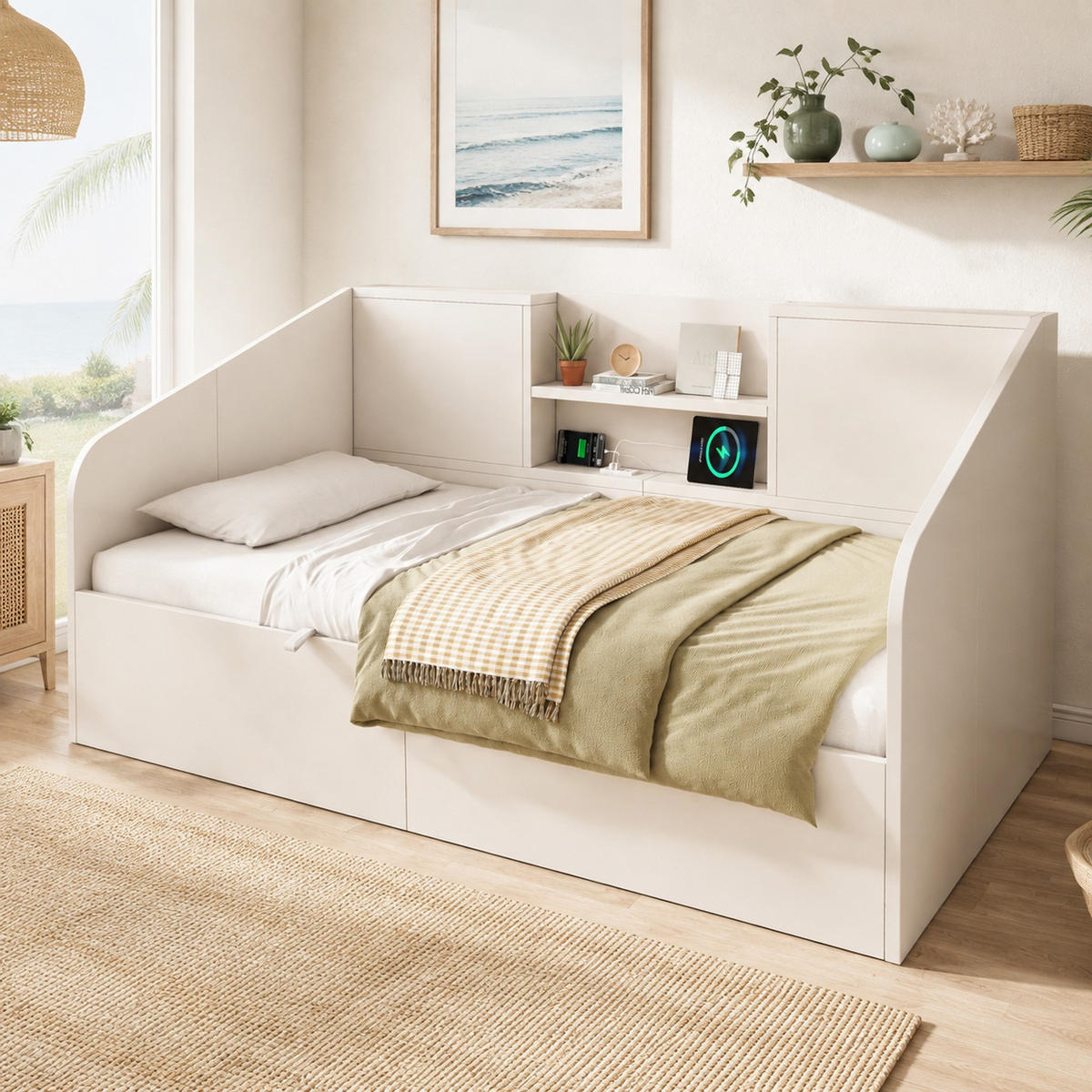 BETT 90/200 mit Bettkasten, USB und Type-C-Ladefunktion in Weiß - Weiß, Holzwerkstoff/Metall (90/200cm) - EVRYAE